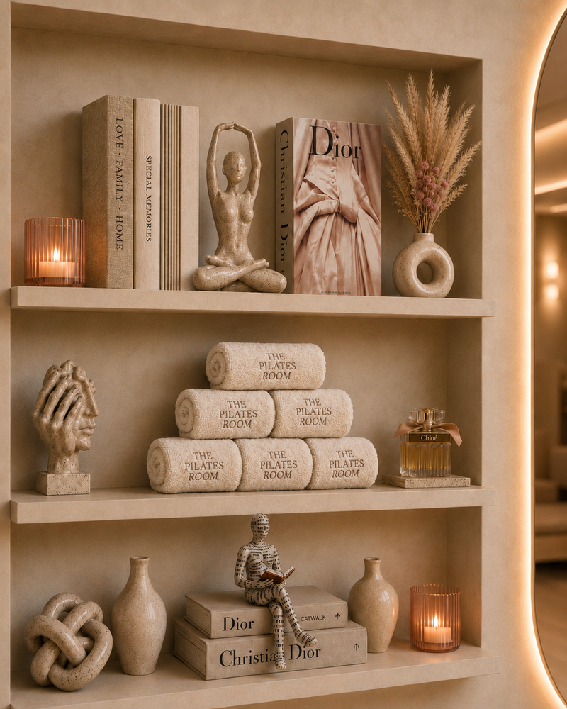 Styled shelving inside The Pilates Room with rolled branded towels, candles and dried florals