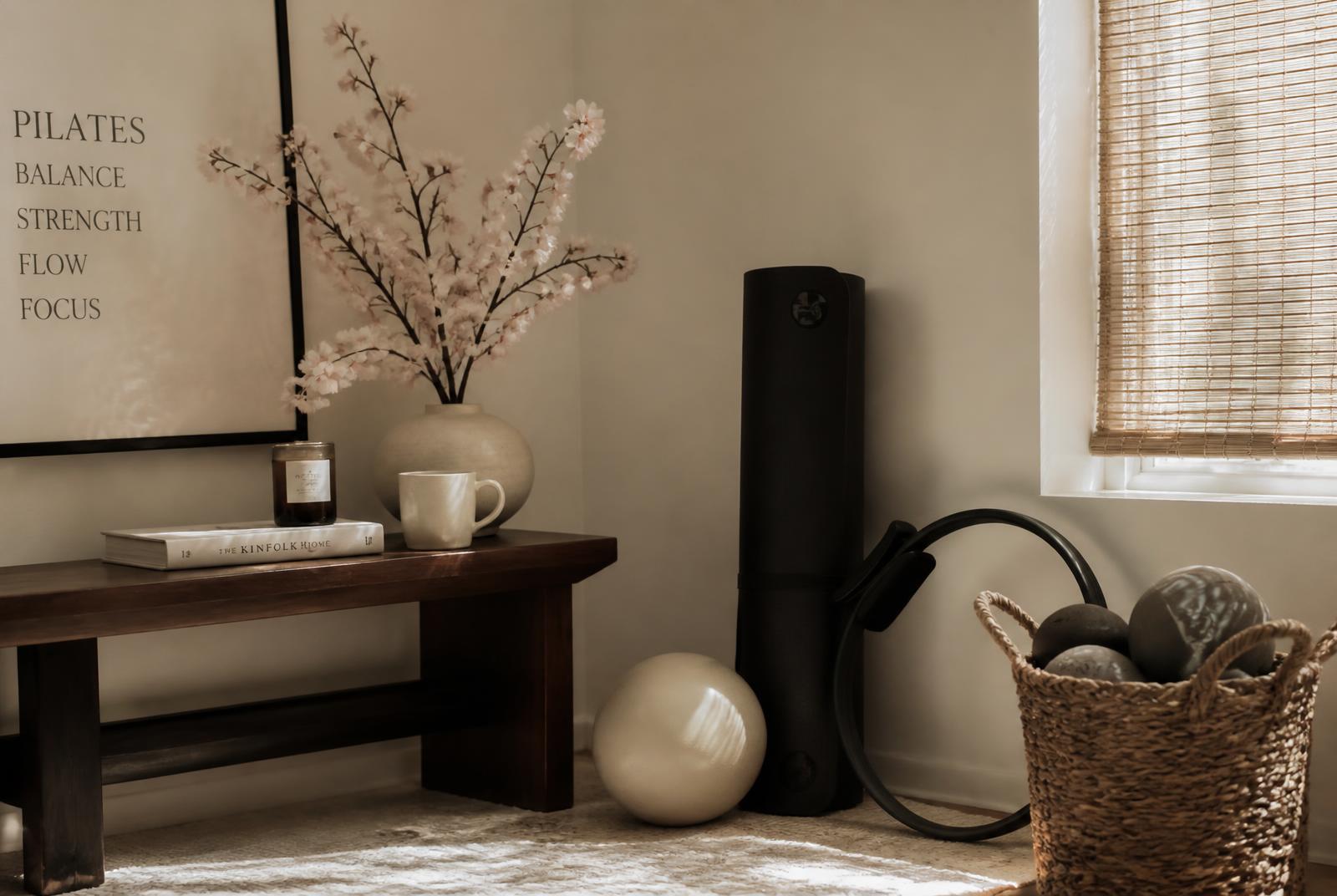 Quiet studio corner with a rolled mat, Pilates ball, magic circle and cherry blossom on a dark wood bench