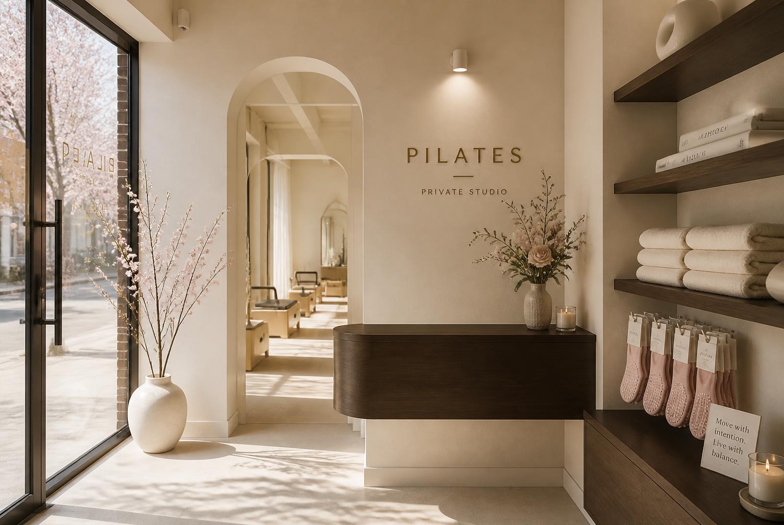 Studio entrance with a dark wood reception counter, folded towels, blush grip socks and blossom in daylight